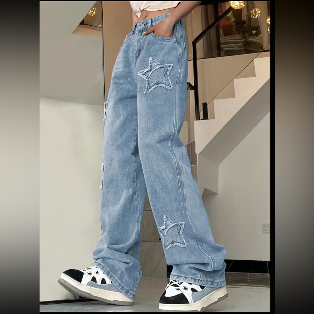 Loose Fit Blue Star Shape Patchwork Straight Jeans - image 2
